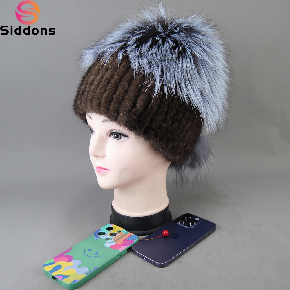 2023 Women Winter Luxury Knitted Real Mink Fur Hat Natural Warm With Silver Fox Fur Top Lady Mink Fur Cap Skullies & Beanies