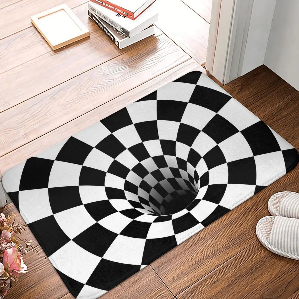 

Optical Illusion Kitchen Non-Slip Carpet Black Hole Checkerboard Bedroom Mat Entrance Door Doormat Home Decoration Rug