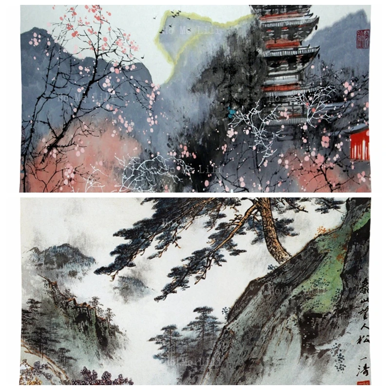 

Ancient Chinese Ink Landscape Cherry Blossoms Pagoda Mountain Pine Tree Nature Tapestry By Ho Me Lili For Livingroom Decor