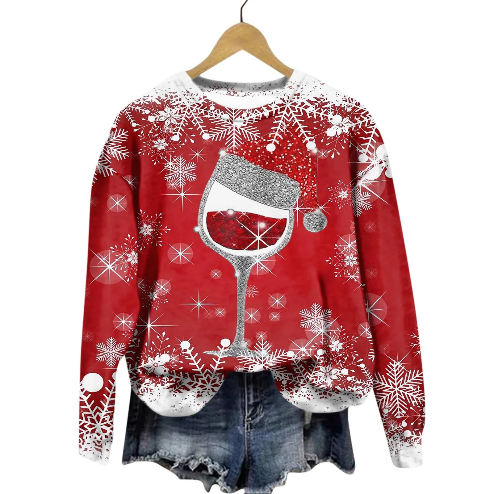 

Женская одежда, изящный Женский пуловер с круглым вырезом, зима 2023, новые женские свитшоты с длинным рукавом и рождественским принтом