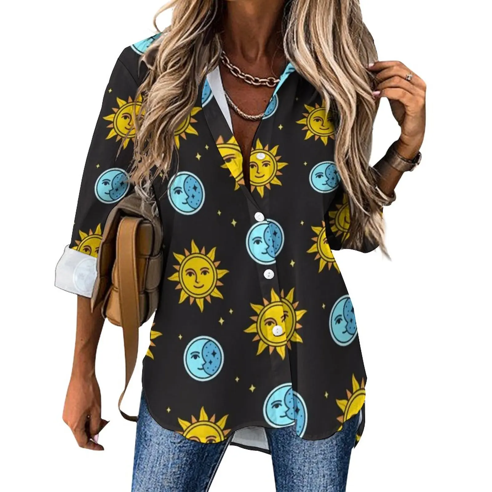 

Женская Повседневная Блузка в стиле ретро, элегантная Свободная рубашка с длинным рукавом и принтом символов Солнца и Луны, весенние топы б...