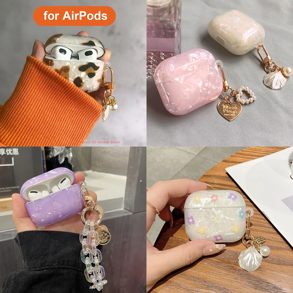 

Cute Luxury Dreamy Case for Apple AirPods 1 2 3 Pro 3rd 2021 Case for AirPods Pro 3 Case Cover with Pearl Keychain Glossy Shell