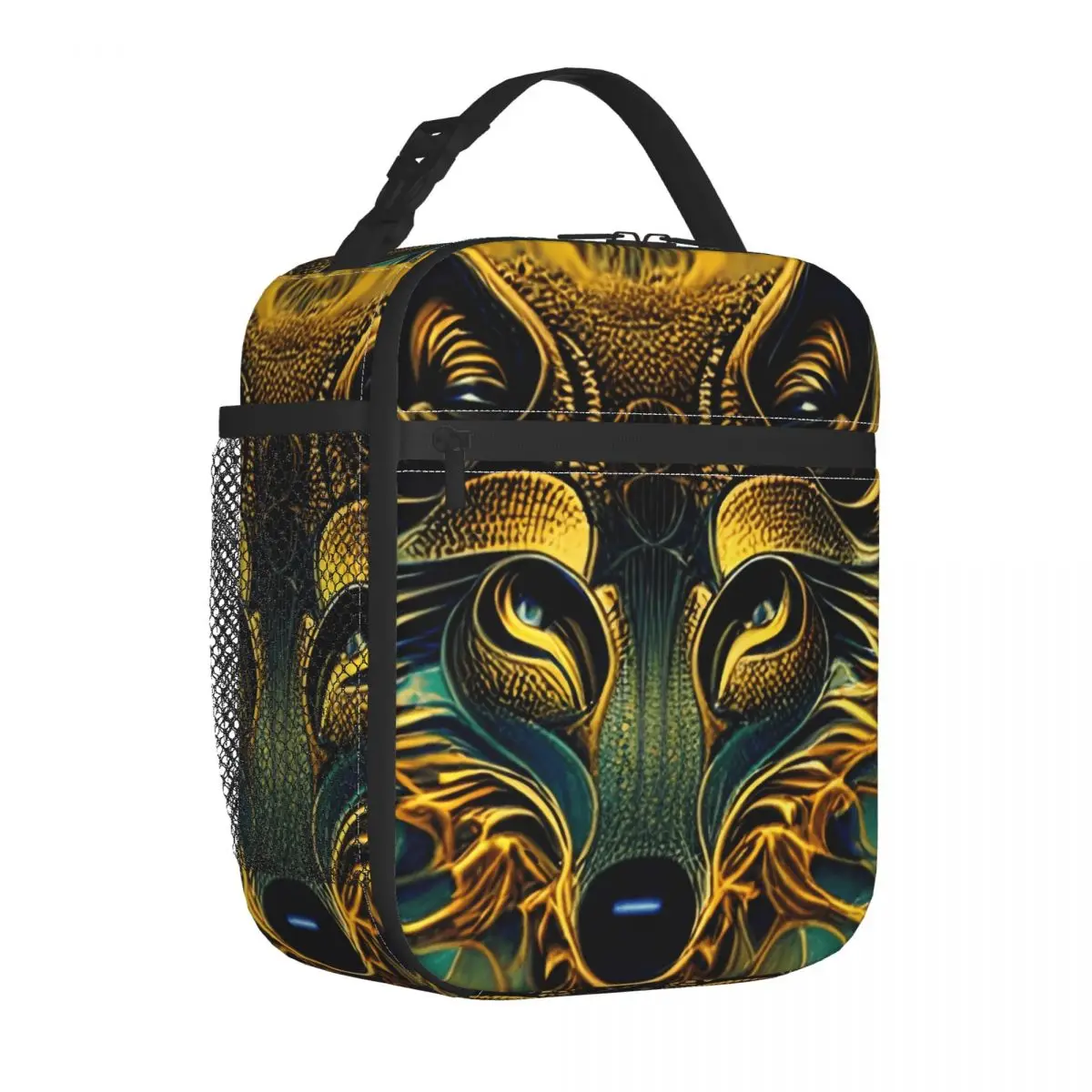 

Gold Wolf Head Lunch Bag Mandala Style Print Lunch Box Outdoor Picnic Convenient Cooler Bag Graphic Design Thermal Lunch Bags