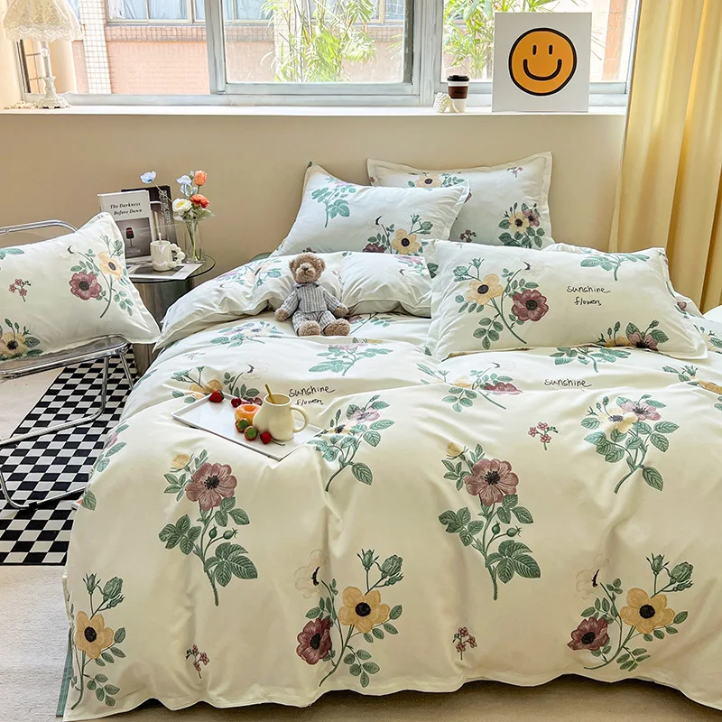 INS Pastoral Aloe Cotton Four-Piece Set Sanding Cartoon Quilt Cover Cute Student Dormitory 4 Three-Piece