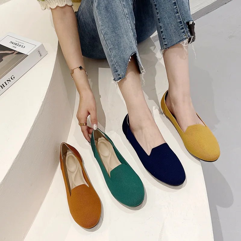 Casual Knitted Shallow Mouth Flat Shoes Woman Ballerina All-match Temperament Round Toe Women's Loafer Single Shoe Zapatos Mujer