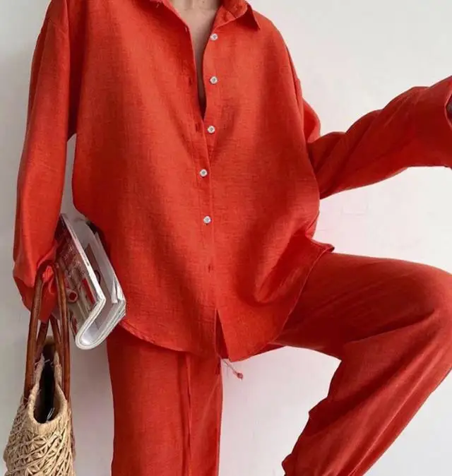 

Women's Pants Set 2023 Spring Temperament Commuting Solid Color Crumpled Single-Breasted Loose Shirt and Straight Leg Pants Set