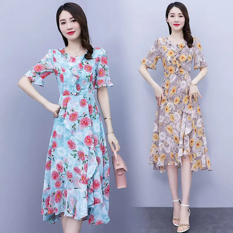 

Женское шифоновое платье с оборками, элегантное приталенное платье средней длины с цветочным принтом, модель H723 в Корейском стиле на лето, 2022