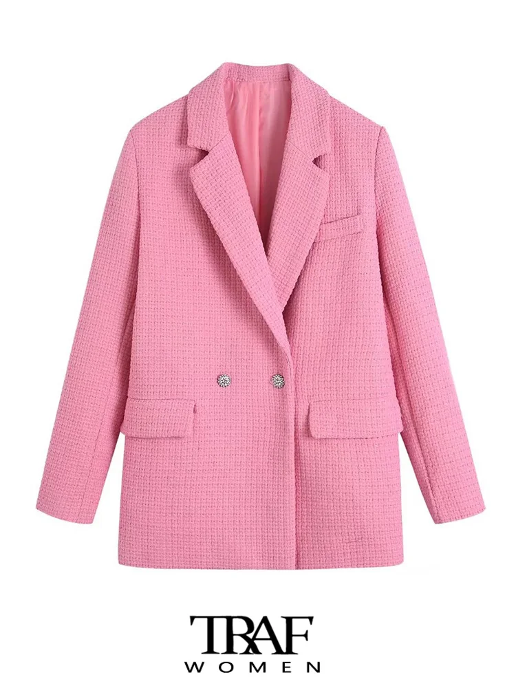 

TRAF Women Fashion With Rhinestone Buttons Tweed Blazer Coat Vintage Long Sleeve Flap Pockets Female Outerwear Chic Veste