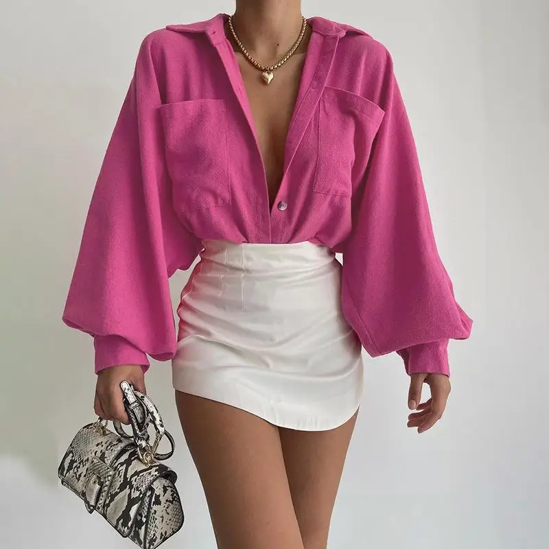 

Fashion Solid Color Casual Long Sleeve Shirt Loose Simple All-match Tops Lady Office Lapel Single-breasted Tees T-shirts Clothes