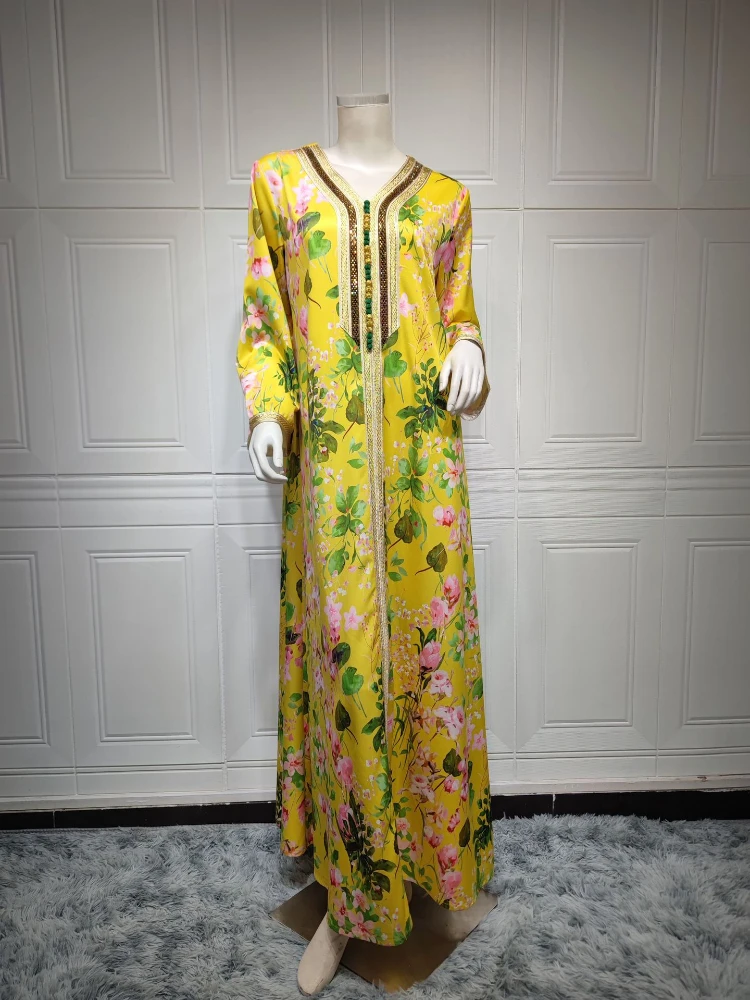 Abaya Dress 2023 Spring Summer Muslim Women Long Sleeve V-neck Polyester Printing Long Abaya Muslim Fashion Dress