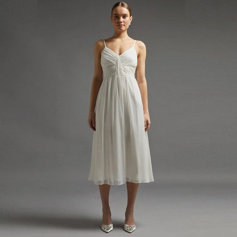 

I OD Simple Mid Calf Wedding Dress 2023 Elegant Spaghetti Ruffle A-Line V-neck Zipper Up Chiffon Robe De Mariee Knee-Length
