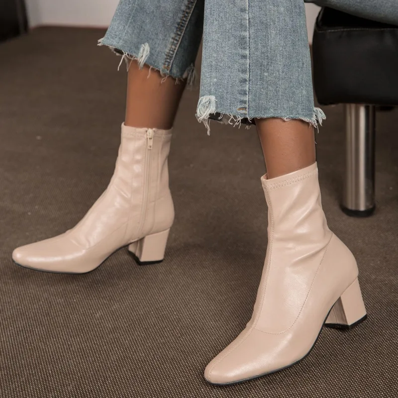 

2022 New Women's Soft PU Leather Elastic Sock Boots Autumn Winter Short Bare Ankle Boots Casual Ladies Chunky High Heel Shoes