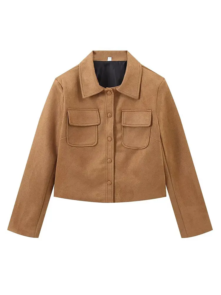 TRAFZA 2024 осенняя женская модная замшевая куртка с лацканами свободный короткий