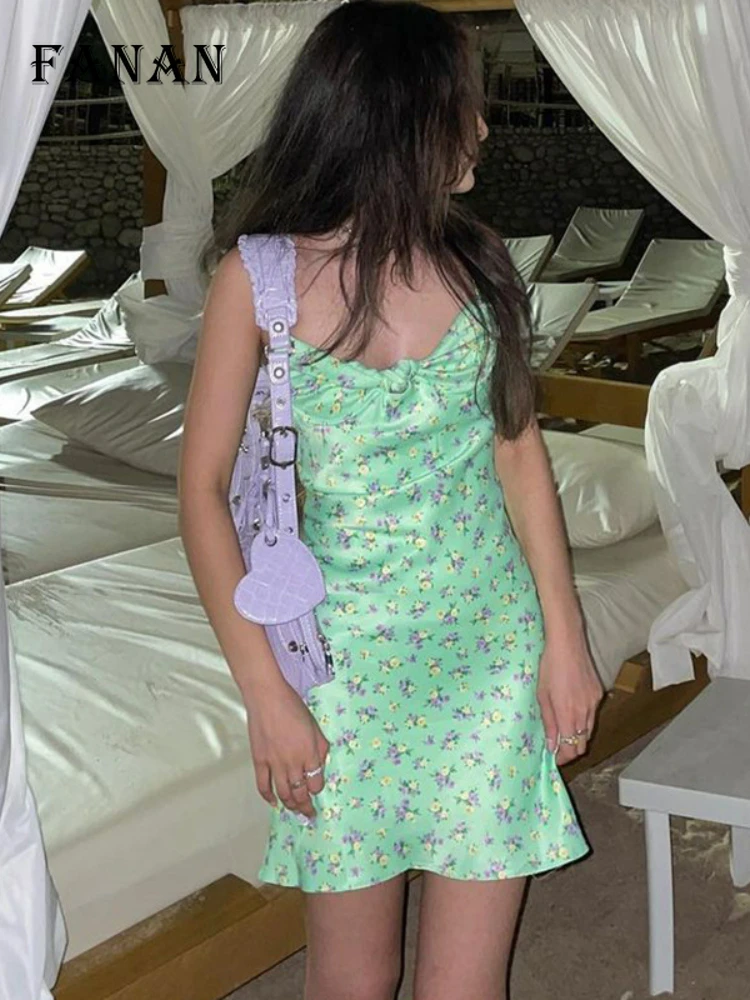 

Green Floral Print Mini Dress for Women Fashion Spaghetti Strap A-line Dresses Summer Sexy Backless Club Party Casual Outfits
