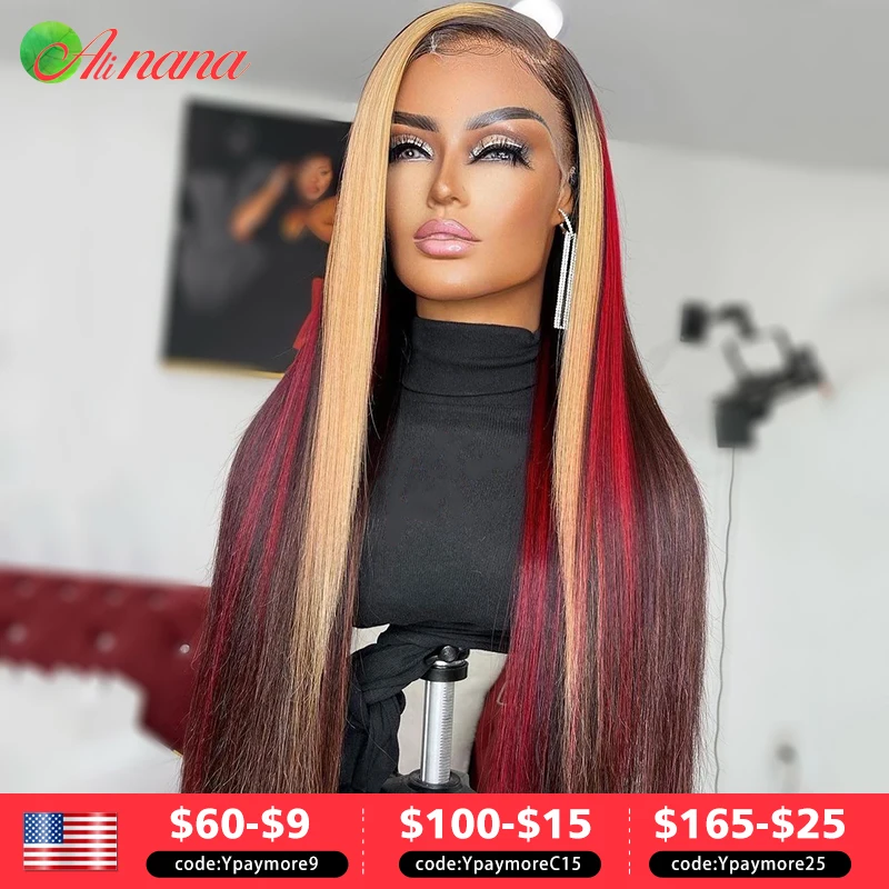 Highlight Red Blonde Colored Straight Body Wave Ready To Wear Glueless Wig Pre-Plucked 13x4 Lace Frontal Human Hair Wig Wear Go