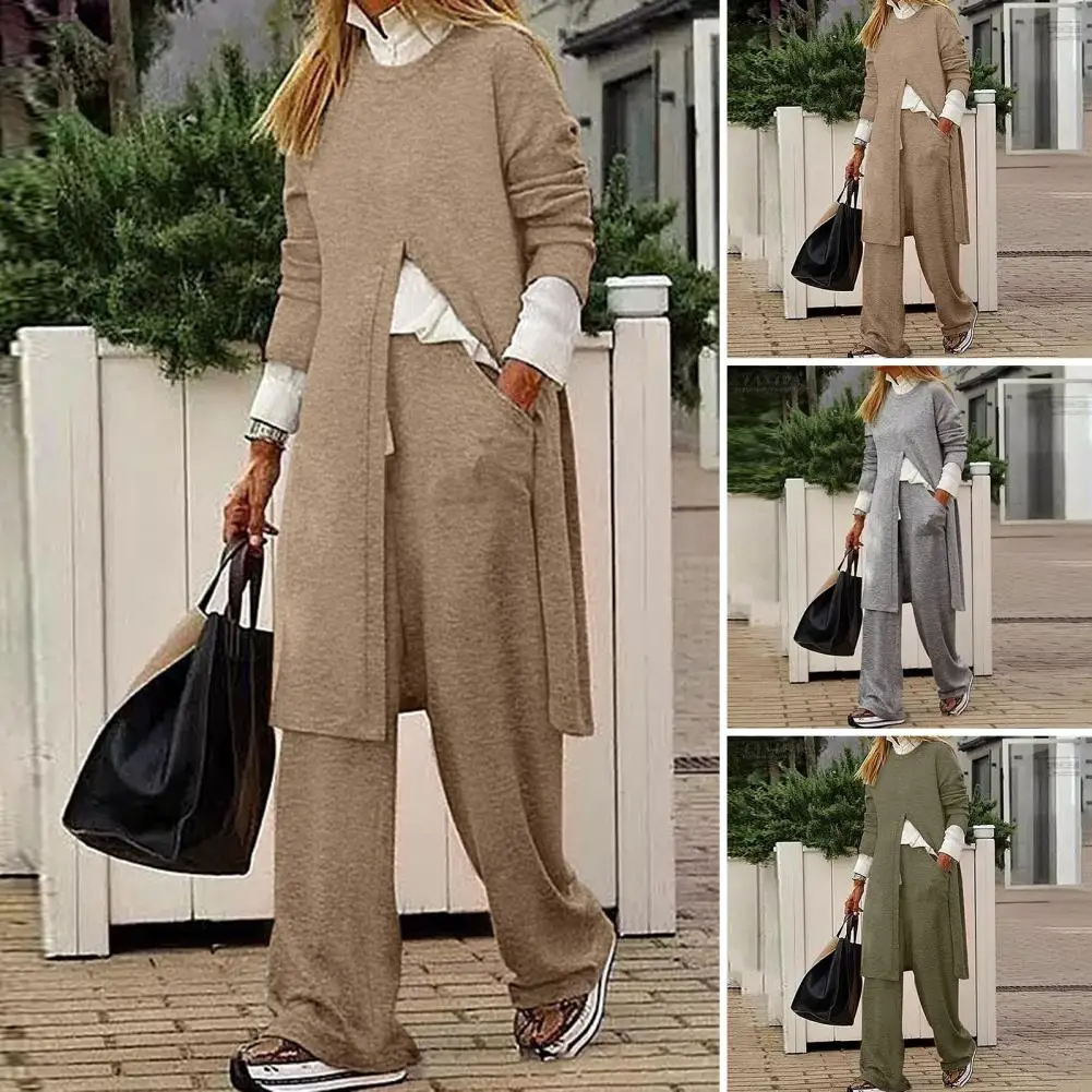 

Women Loose Fit Suit Stylish Women's Split Blouse Wide-leg Pants Set Trendy Autumn/winter Outerwear with Long Sleeves for All