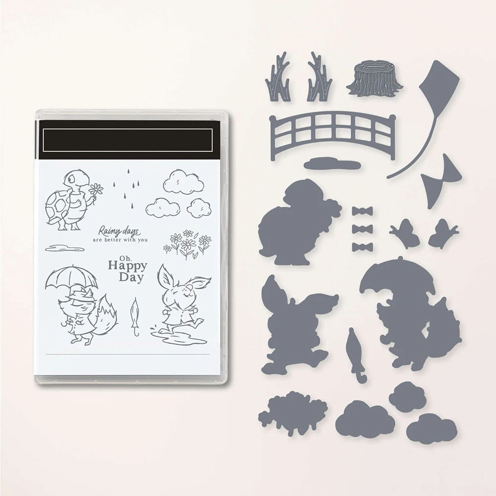 

Playing in the Rain Clear Stamps and Metal Cutting Dies Animals Sentiments Silicone Stamp For Scrapbooking Craft Card Making 20A