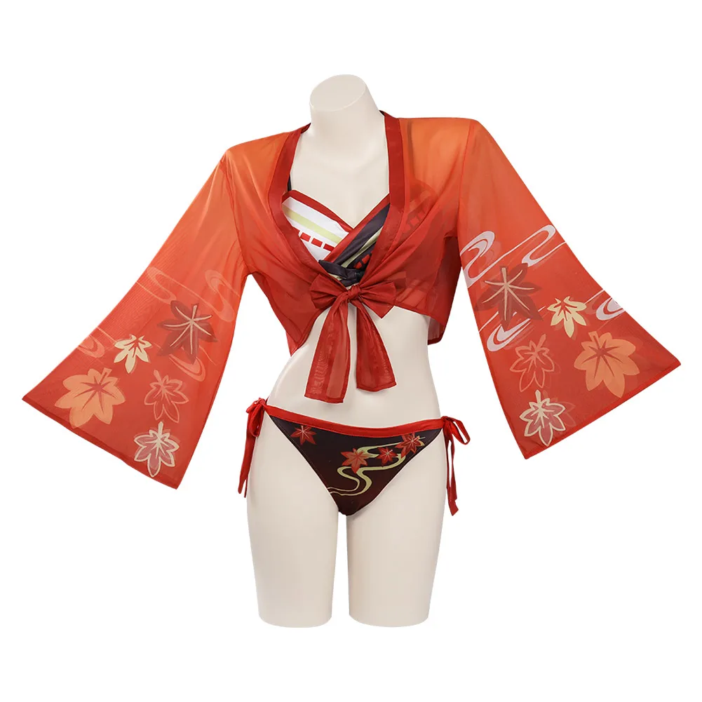 

Genshin Impact Kaedehara Kazuha Swimsuit Cosplay Costume Women Bikini Top Shorts Cloak Outfits Halloween Carnival Suit