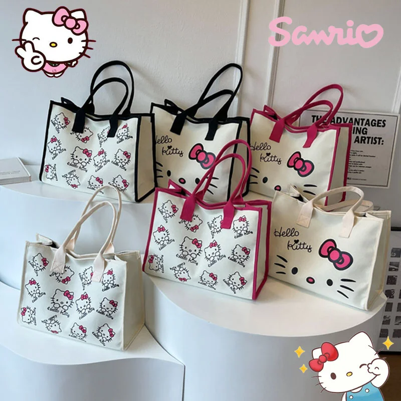 

Kawaii Sanrio Hello Kitty Canvas Bag Cartoon Large Capacity Handbag Student Class Commuter Shoulder Bag Cute Storage Bag