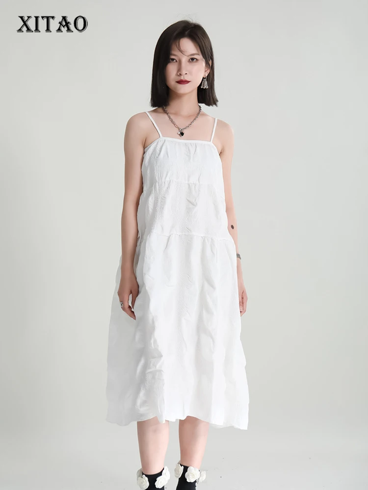 

XITAO Solid Slip Casual Dress Women Korea Summer New Arrival Personality Fashion Loose One Word Collar Sleeveless Dress WMD6294