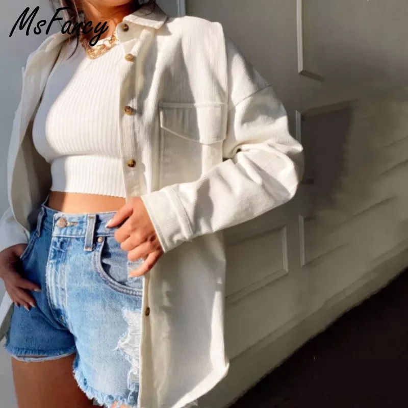 

Msfancy Corduroy Shirt Coat Women White Long Sleeve Single Breasted Coat 2022 Mujer Vintage Jacket Streetwear