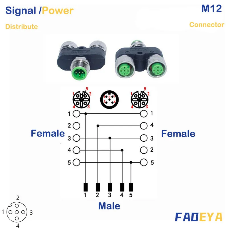 

M12 Connector, Y connector , Male to 2 Female , 5Pins 2 Signal type