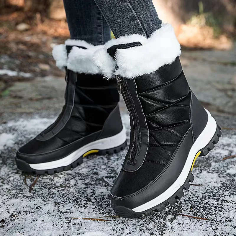 Waterproof Snow Boots Female Front Zipper Large Size Cold-proof Warm Cotton Boots Plus Cashmere Outdoor Winter Shoes