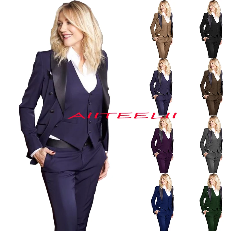 Women's Formal Suit 3 Piece Lapel Business Formal Work Slim Pants Set Solid Color Summer Navy Suits for Women