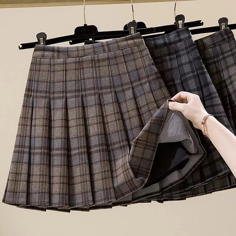 

Spring and autumn women's woolen plaid high waist slim plaid pleated skirt