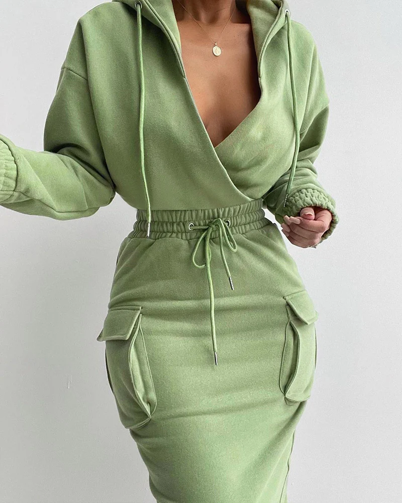 

2022 New Casual Long Sleeve V Neck Lowcut Grey Dress Flap Detail Drawstring Waist Hooded Sweatshirt Dress
