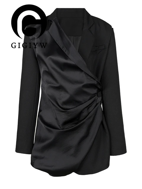 

Женский плиссированный Асимметричный Блейзер GIGIYW, черный элегантный свободный пиджак с отложным воротником и длинным рукавом, весна-осень ...