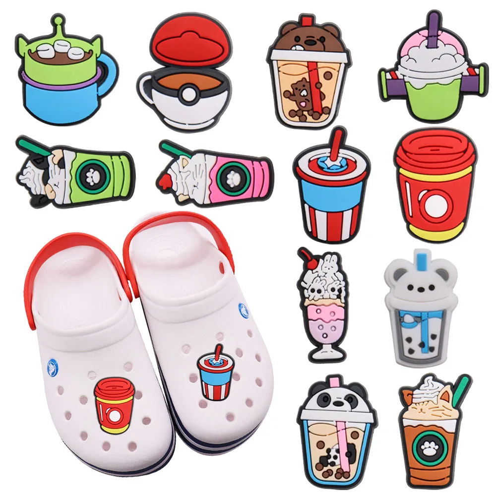 

Mix 50pcs PVC Cartoon Drink Matcha Coffee Milk Tea Panda Bear Shoes Charms Accessories Kids Shoes Decorations Fit Croc Jibz Gift