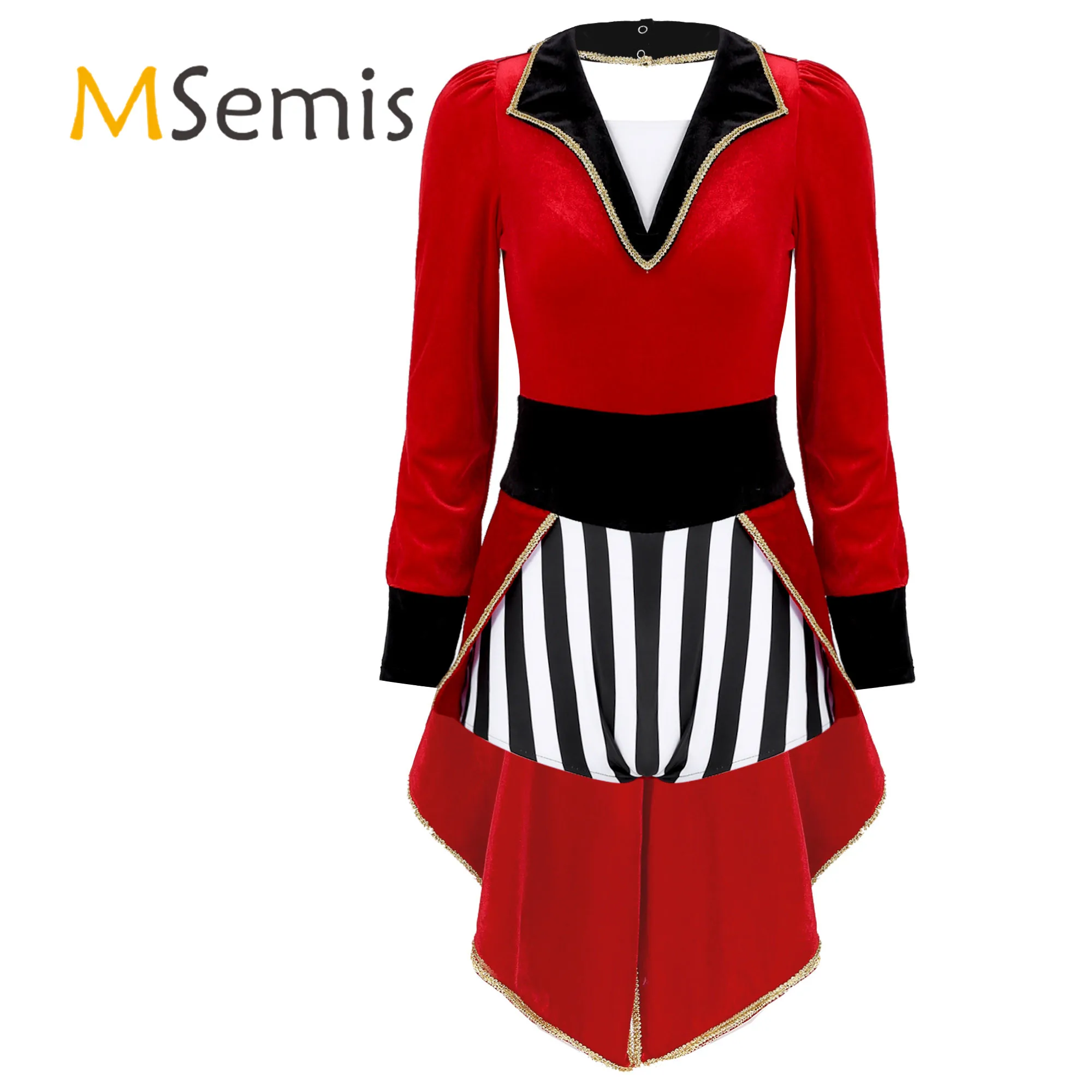 Womens Halloween Circus Showman Cosplay Costume Long Sleeve Velvet Bodysuit Patchwork Tailcoat Masquerades Roleplay Outfit