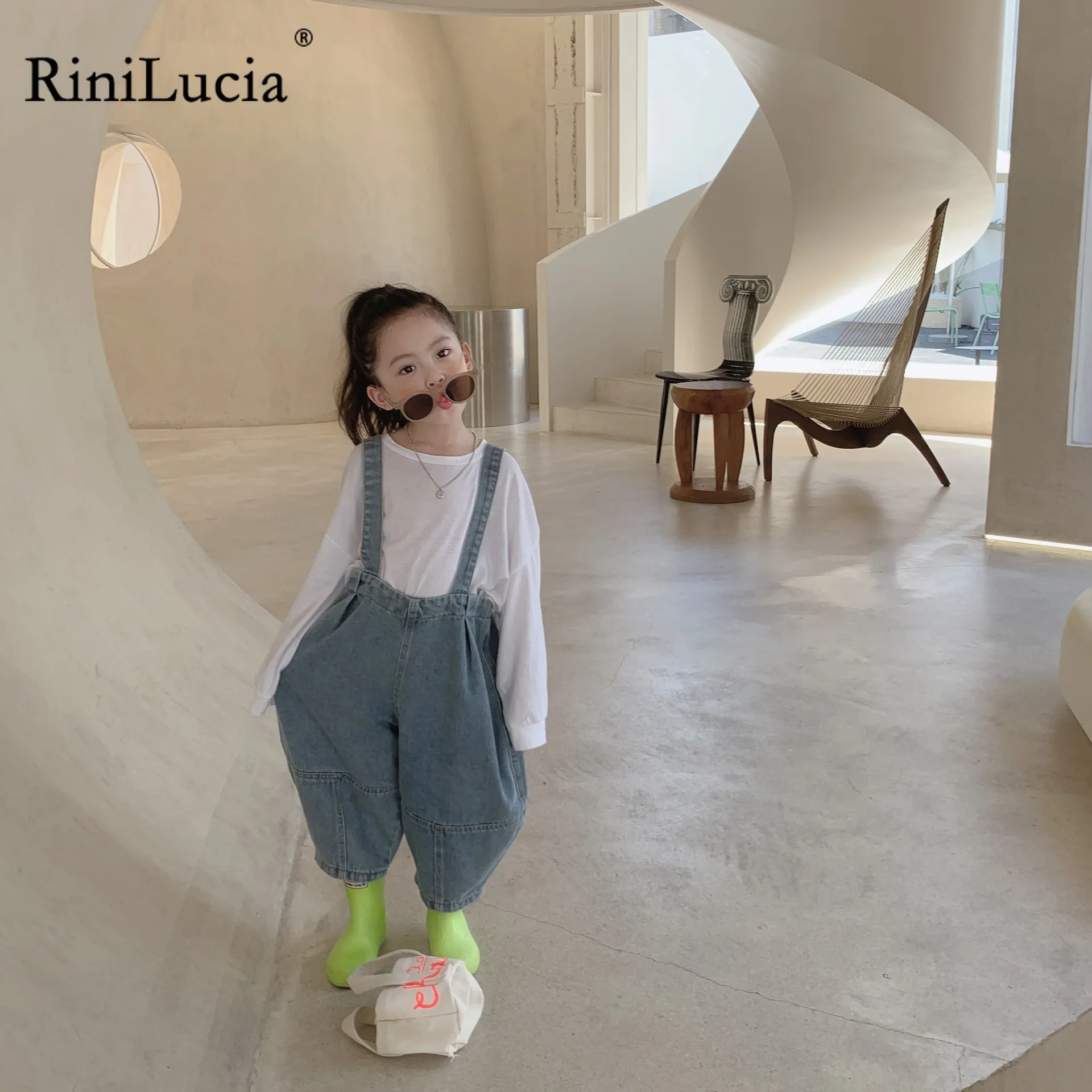 

RiniLucia Children Overalls Fashion Denim Clothes Spring Summer Wide Leg Strap Jeans Girls Suspender Pant 2-9T Boys Overalls