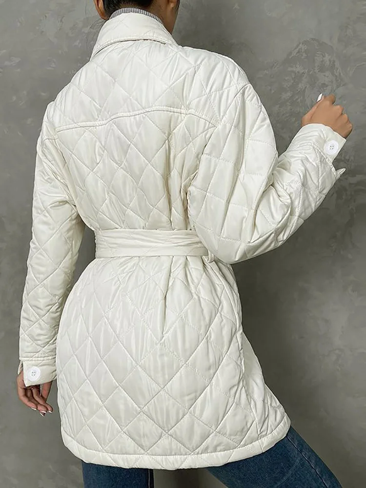 Winter Cotton Padded Coat Parkas Single Breasted Thich Warm Argyle Coats Women Elegant Turn Down Collar Solid Cotton Jackets