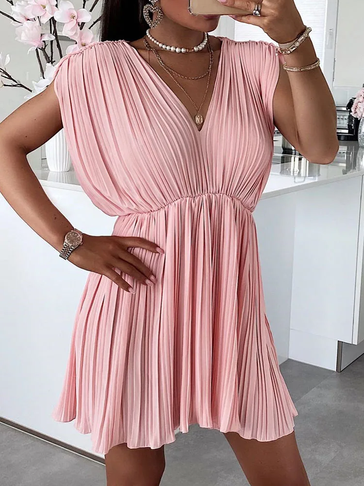 

2022 Summer Big Swing Sleeve Women Dress Elegant Waist A-Line Dress New Female All Match V Neck Solid Pleated Mini Party Dresses