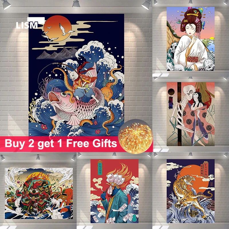 

Tiger Ghost Paintings Japanese Ukiyo-e Tattoo Banners Tapestry Retro Poster Wall Sticker Bar Cafe Home Decor Hanging Tapesties