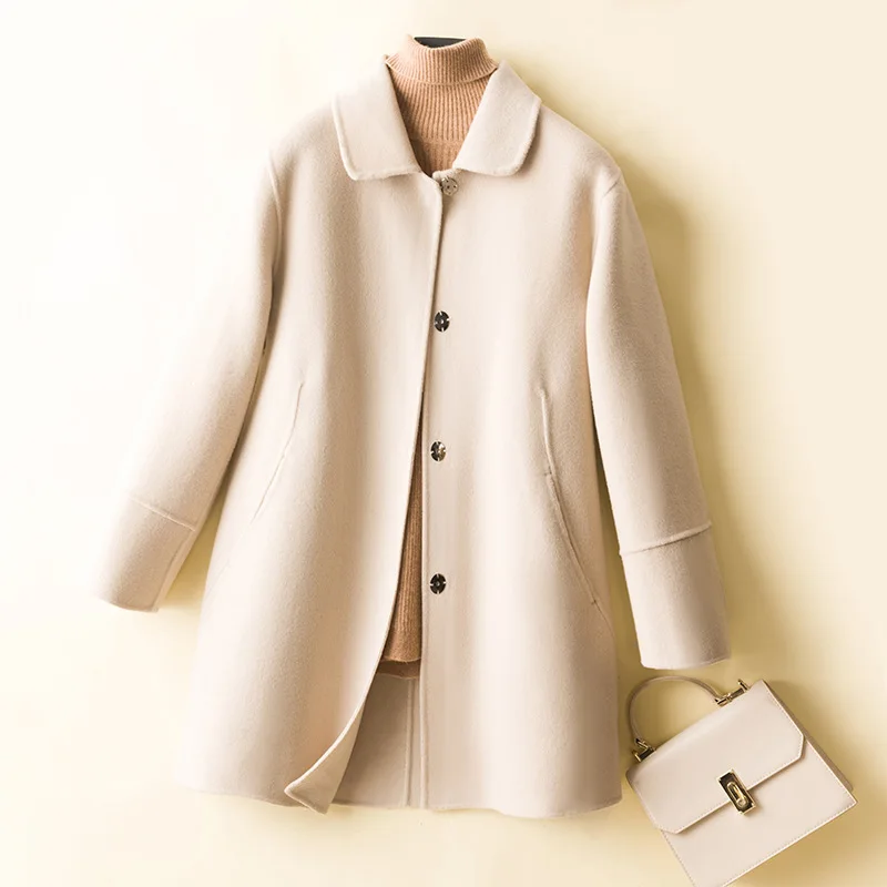 

Женское двустороннее кашемировое пальто средней длины, приталенное пальто из чистой шерсти с кукольным воротником, Осень-зима 2023
