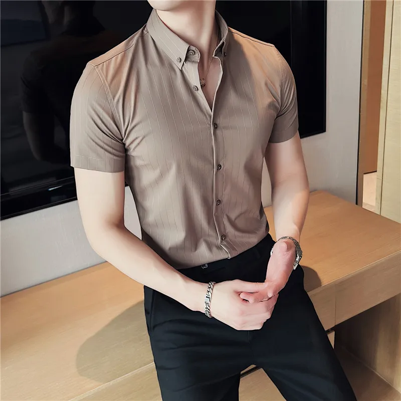 

2023 Summer New Stripe Shirts Casual Fashion Cotton Short Sleeve Slim Fit Men Social Blouse Button Down White Dress Shirt 4XL-M