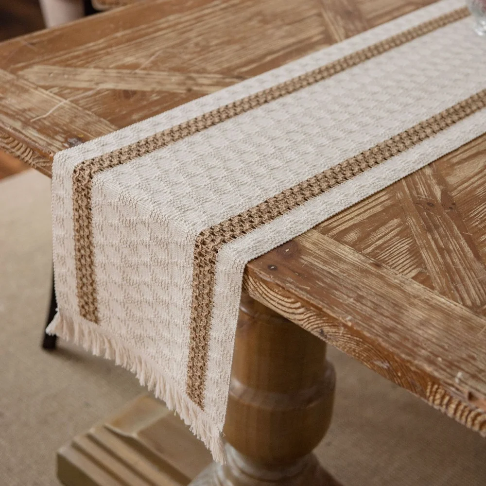 

Table Runner Placemat Cotton and Linen Stripes Tassel Wedding Decoration Table Runner Burlap Tablecloth Christmas Decoration