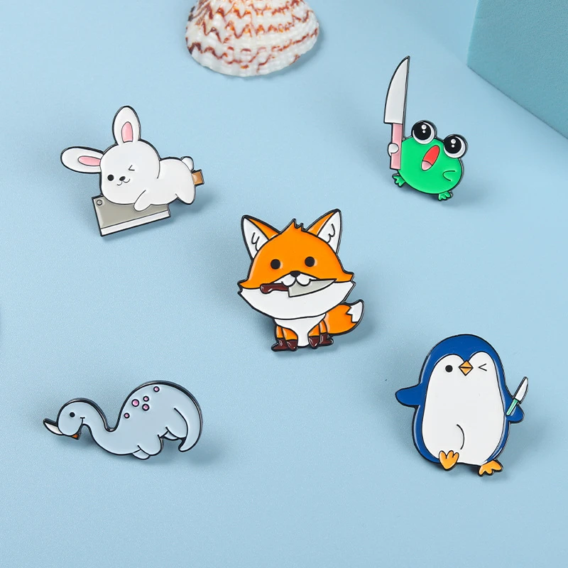 

Animal Dagger Enamel Pins Custom Cute Fox Penguin Frog Tyrannosaurus Brooch Lapel Pins Clothes Badge Bag Jewelry Gifts Wholesale