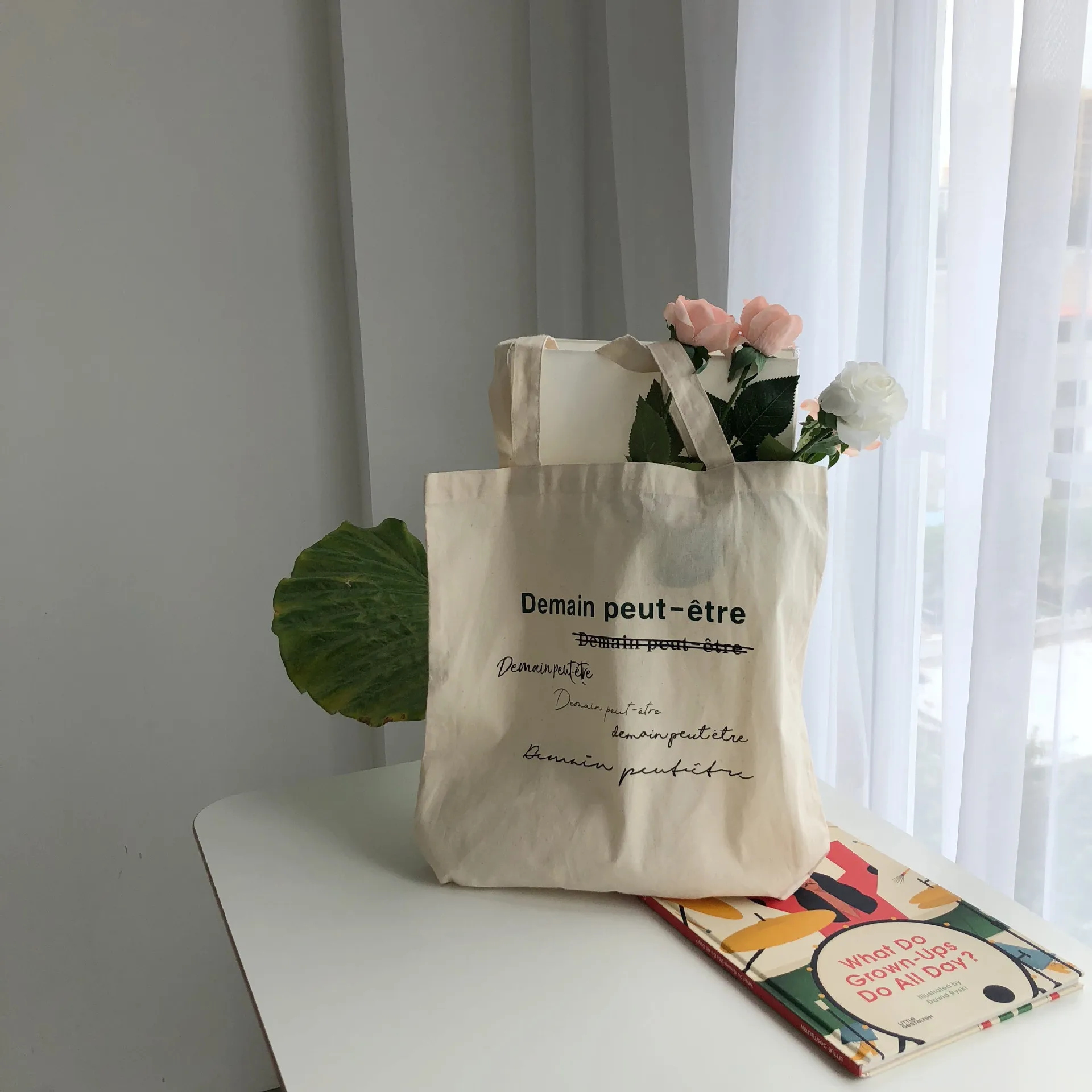 

Women Shopping Bag Cotton Reusable Shoulder Bag Demain peut-tre Letters Printing Handbag Casual Tote Bag Grocery Shopper Bags