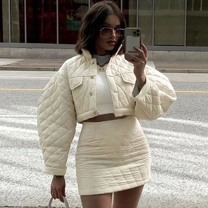 Fashion Button-Up With Rhombus Pattern Down Cotton Coat Casual Long Sleeve Top Winter Cropped Jacket Women 2022 Straight Outwear