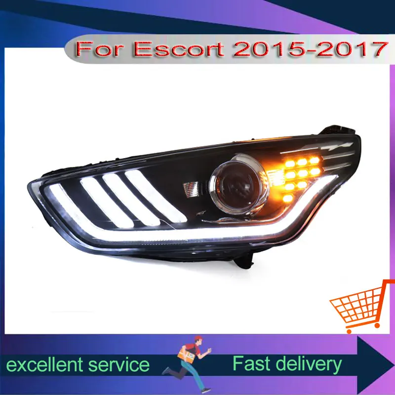 Фото Автомобильные фары для Ford Escort 2015-2017, фара в сборе, ремонт в стиле Mustang, светодиодные DRL с двойной проекционной линзой, ксеноновая передняя лампа №1