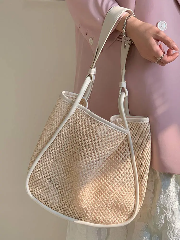 

Women's Elegant Straw Solid Handbags Fashion Hollow Out PU Strap Large Capacity Bags 2023 New Female Casual Shopping Street Wear