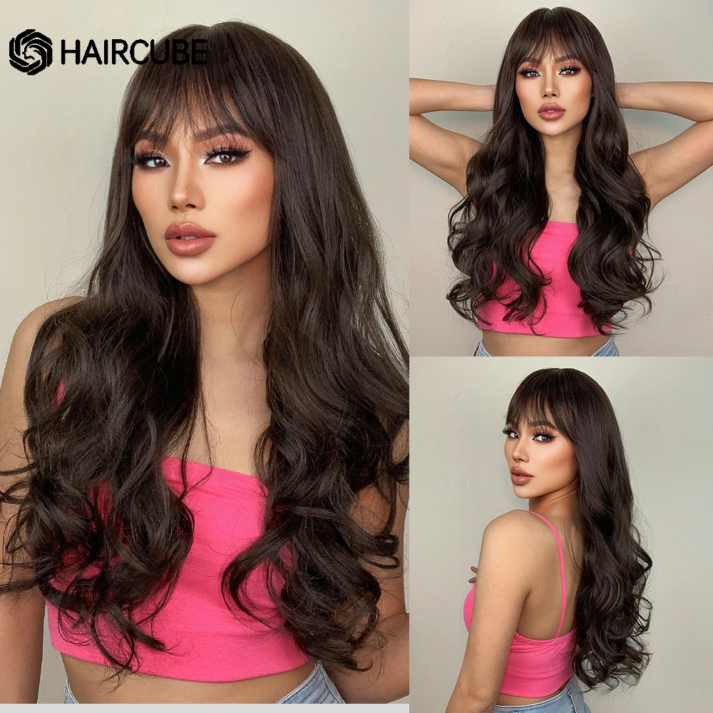 

HAIRCUBE Long Wavy Wigs With Bangs Dark Brown Synthetic Wigs for Black Women Daily Cosplay Wigs Heat Resistant Natural