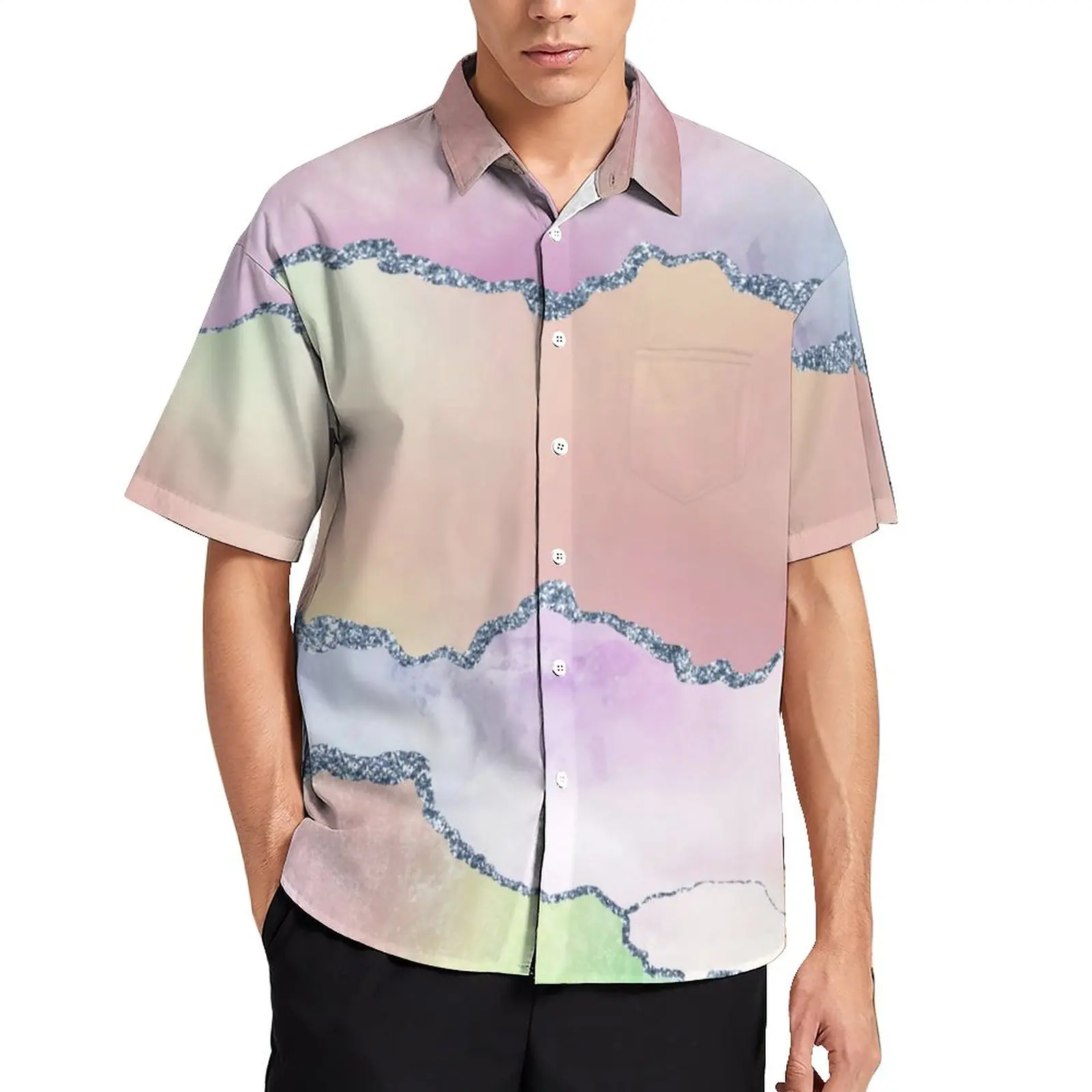 

Watercolor Ombre Casual Shirts Peach Agate Print Vacation Shirt Hawaiian Y2K Blouses Men Custom Plus Size