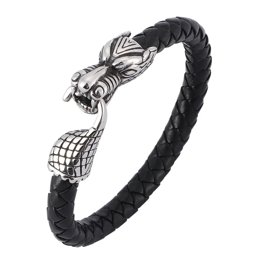 

Men's Stainless Steel Dragon Head Woven Leather Rope Personalized Leading Bracelet Bangle