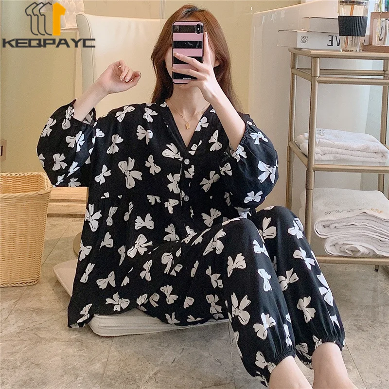 Women's Pajamas New 2023 Spring Autumn Long Sleeve V-neck Thin Cardigan Sleepwear Women Fashion Print Nightwear Clothing Sets