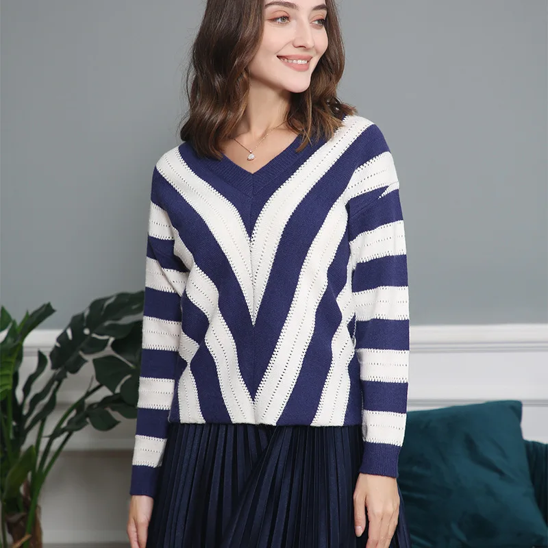 

Women's sweater striped patchwork V-neck knitted pullover